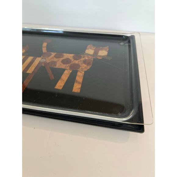 NEW Vtg 1960s COUROC Two Cat MCM Wood Brass Inlay Handcrafted Serving Tray JL - Picture 4 of 11